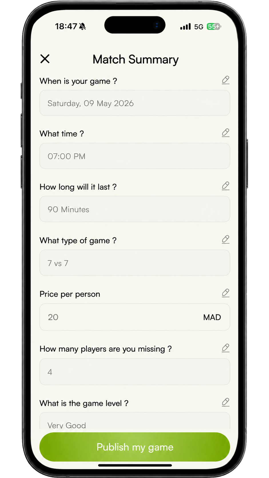 Match setup screen